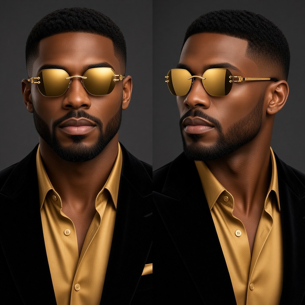 Mens Luxury Victorian Engraving Rimless Rounded Rectangle Sunglasses Street Wear